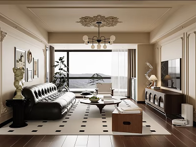 Classic Living and Dining Room Interior With Leather Sofa Coffee Table And Chandelier 3d model