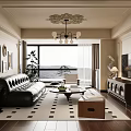 Classic Living and Dining Room Interior With Leather Sofa Coffee Table And Chandelier