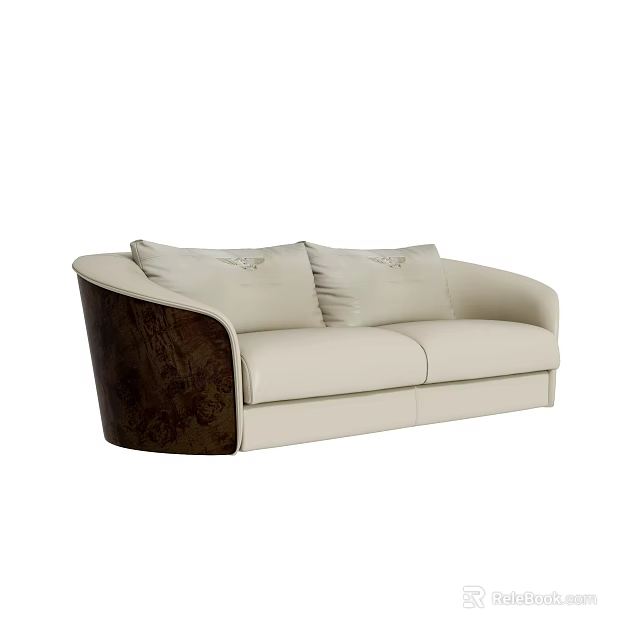 Modern Double Sofa With Ivory Upholstery And Dark Wooden Accents Two Decorative Cushions 3d model 