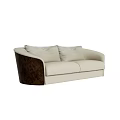 Modern Double Sofa With Ivory Upholstery And Dark Wooden Accents Two Decorative Cushions