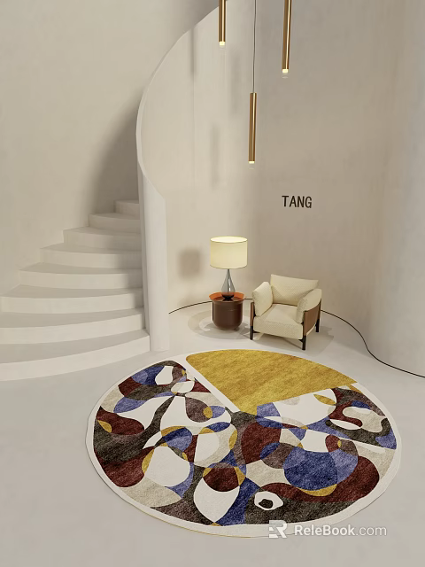 Round Area Rug With Colorful Pattern By White Spiral Staircase Beige Armchair And Table Lamp 3d model 