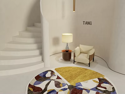 Round Area Rug With Colorful Pattern By White Spiral Staircase Beige Armchair And Table Lamp 3d model