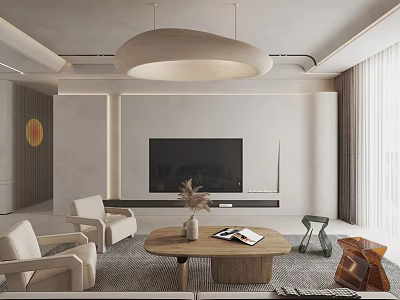 Modern Living Room Interior With Beige Sofas Wooden Coffee Table Round Pendant Light And TV 3d model
