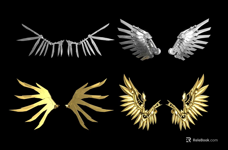 Gold And Silver Decorative Wing Ornaments With Metal Feather Design Details 3d model 