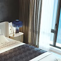 Double Bed In Modern Bedroom With Grey Walls White Headboard Window Rug And Gift Box