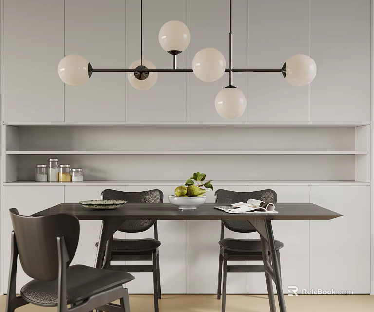Modern Sphere Chandelier Hanging Over Dining Table With Black Chairs White Cabinets And Fruit Bowl 3d model 