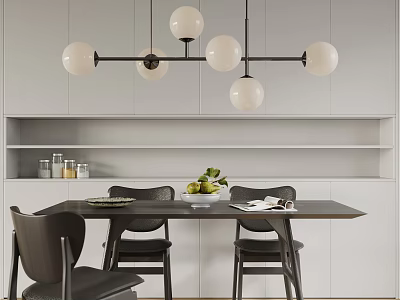 Modern Sphere Chandelier Hanging Over Dining Table With Black Chairs White Cabinets And Fruit Bowl 3d model
