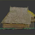 Traditional Thatched Roof Cottage With Wooden Structure And Green Foliage