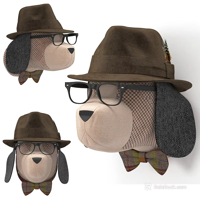 Stuffed Dog Doll With Brown Hat Glasses And Plaid Bow Tie Design 3d model 