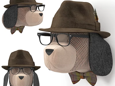 Stuffed Dog Doll With Brown Hat Glasses And Plaid Bow Tie Design 3d model