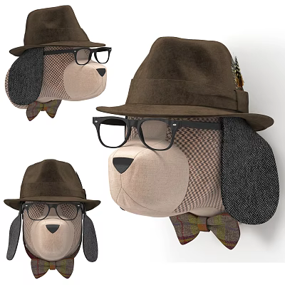 Stuffed Dog Doll With Brown Hat Glasses And Plaid Bow Tie Design 3d model