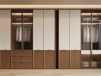 Modern Walk in Closet Interior Design With Wooden Cabinets Glass Doors And Drawers 3d model