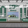Qinhui Brand Exhibition Booth With White Green Decor Display Cabinets And Floral Decorations