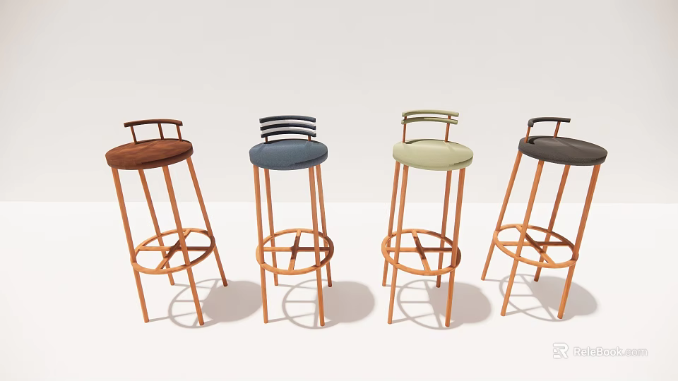 Four Modern Bar Stools with Copper Metal Legs and Multicolor Seats in Different Backrest Designs 3d model 