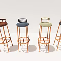 Four Modern Bar Stools with Copper Metal Legs and Multicolor Seats in Different Backrest Designs