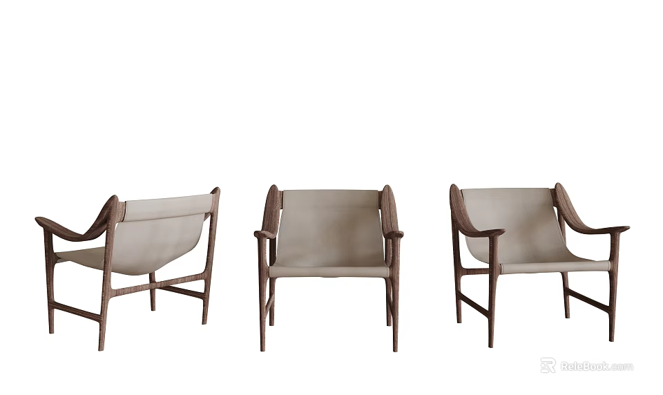 Three Stylish Leisure Chairs with Wooden Frames Beige Cushions and Armrests 3d model 
