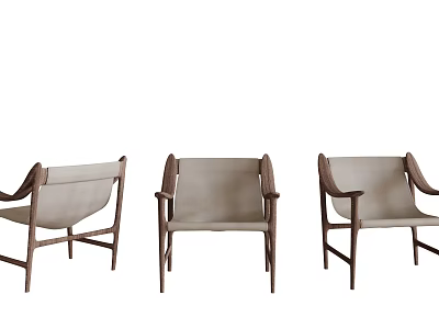 Three Stylish Leisure Chairs with Wooden Frames Beige Cushions and Armrests 3d model