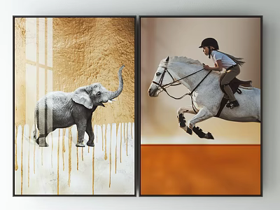 Two Panel Animal Paintings with Elephant and Horse Modern Artwork for Home Wall Decor 3d model