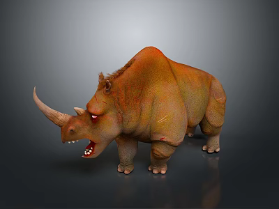 3D Rendered Rhinoceros with Orange Brown Skin Red Eyes Open Mouth Exposed Teeth Gray Background 3d model