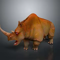 3D Rendered Rhinoceros with Orange Brown Skin Red Eyes Open Mouth Exposed Teeth Gray Background