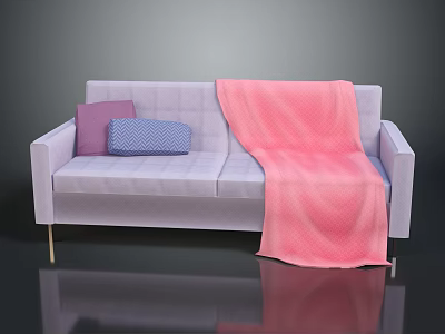 Light Gray Sectional Sofa With Purple Blue Patterned Cushions Pink Blanket And Gold Legs 3d model