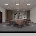Conference Room Interior Design With Long Table Wooden Chairs Green Plants And Gray Carpet