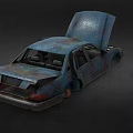 Old Blue Rusty Car With Open Hood And Doors On Dark Background