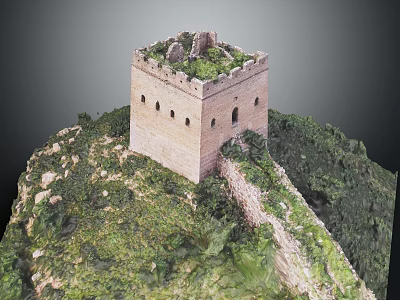 Ancient Great Wall Brick Tower With Ruined Top And Green Hilly Vegetation 3d model