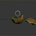 Miniature Island Scene Model With Circular Building Green Vegetation Blue Base And Small Brown Land