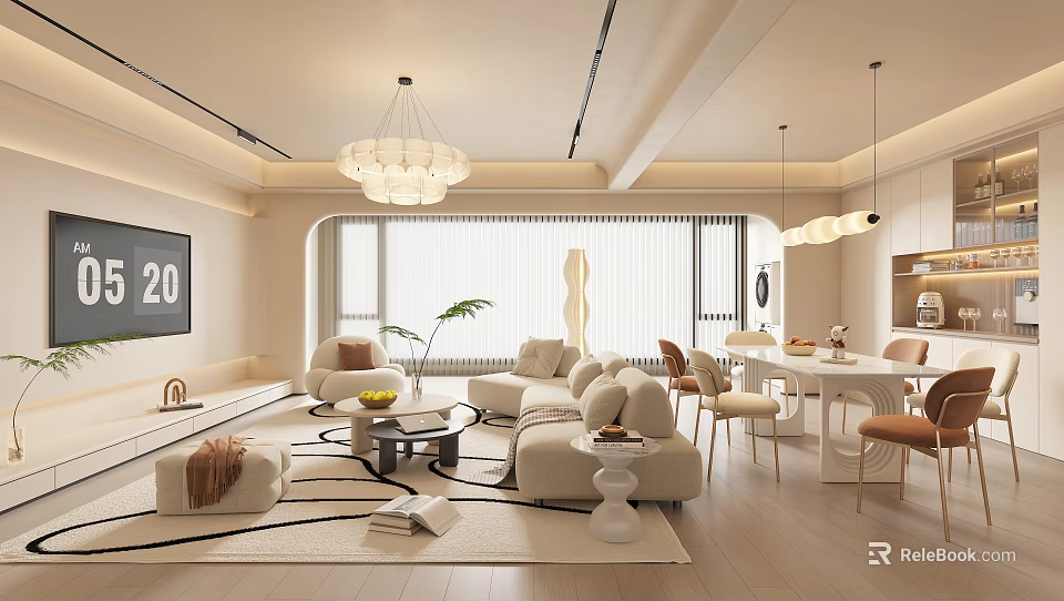 Modern Minimalist Dining Living Room Interior With Light Sofa Dining Table Pendant Lights And Rug 3d model 