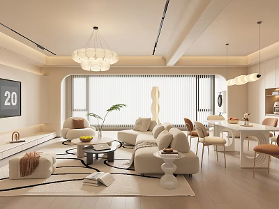 Modern Minimalist Dining Living Room Interior With Light Sofa Dining Table Pendant Lights And Rug 3d model