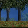 Peacock Standing On Green Grass In Dark Forest At Dusk With Tall Trees