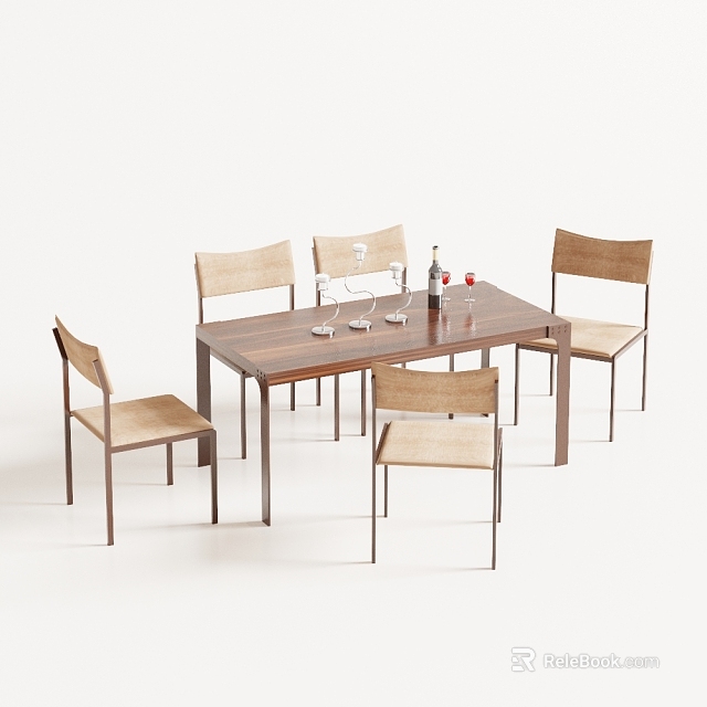 Modern Dining Table Set with Four Chairs Wine Bottle And Glasses Wooden Top Metal Legs 3d model 