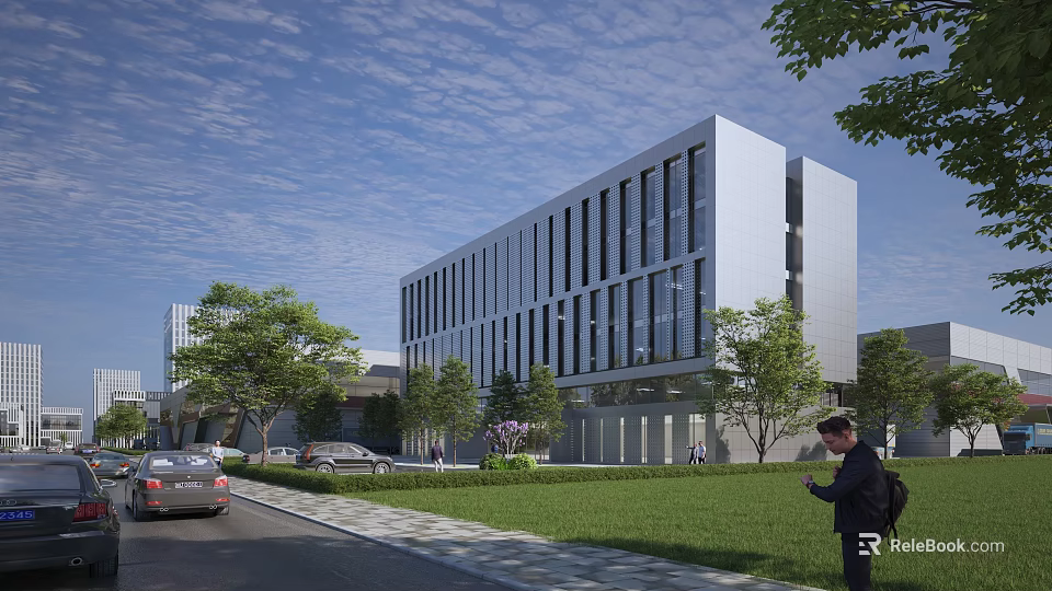 Modern Industrial Factory Building With Glass Curtain Walls Trees And Green Lawn 3d model 
