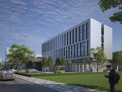 Modern Industrial Factory Building With Glass Curtain Walls Trees And Green Lawn 3d model