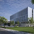 Modern Industrial Factory Building With Glass Curtain Walls Trees And Green Lawn