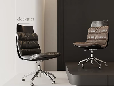 Designer Black And Brown Leather Office Chair With Modern Swivel Wheels 3d model