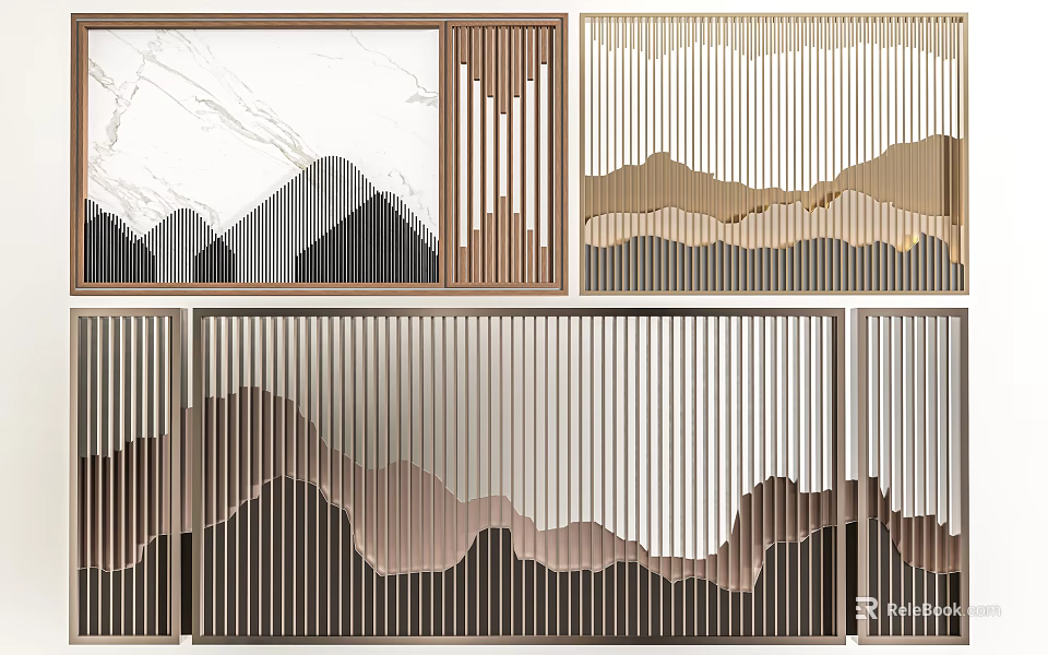 Modern Interior Partition Design With Mountain Patterns Vertical Slats And Wooden Frames 3d model