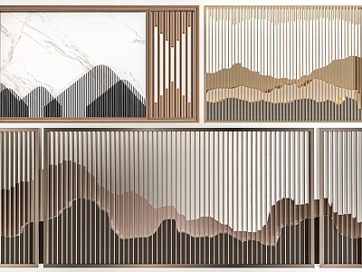 Modern Interior Partition Design With Mountain Patterns Vertical Slats And Wooden Frames 3d model