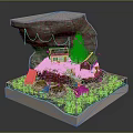 Detailed Miniature Landscape Model With Rock Formation Cottages Water Waves And Small Boat