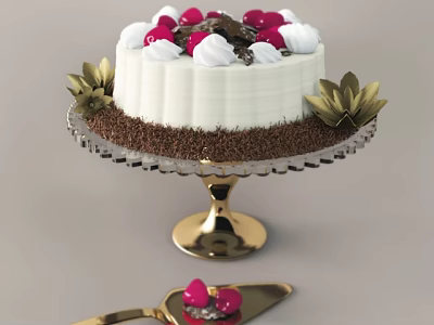 White Cream Cake Topped With Red Berries Whipped Cream And Chocolate Crumbs On Glass Stand 3d model