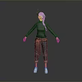 Woman With Purple Hair Blue Horns Black Top Plaid Accent Black Pants White Shoes