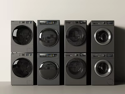 Black Front Load Washing Machines Eight Modern Design Units Stacked in Two Rows 3d model