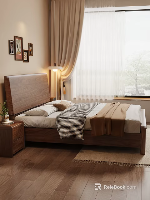 Cozy Bedroom With Wooden Headboard Bedding Blanket Nightstand Table Lamp Wall Art And Natural Light 3d model 