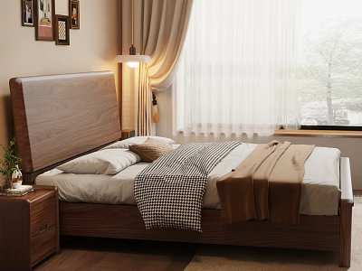 Cozy Bedroom With Wooden Headboard Bedding Blanket Nightstand Table Lamp Wall Art And Natural Light 3d model