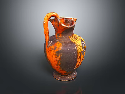 Ancient Clay Vase With Curved Handle And Orange Black Decorative Patterns 3d model