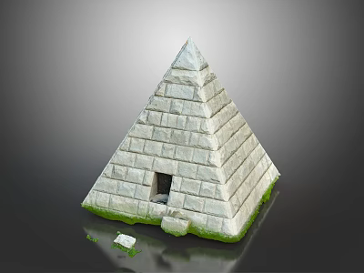 Cartoon Pyramid with Brick Structure Small Door and Green Grass Elements 3d model
