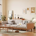 Light Gray Three Seater Sofa With Decorative Pillows Wooden Legs And Wall Art
