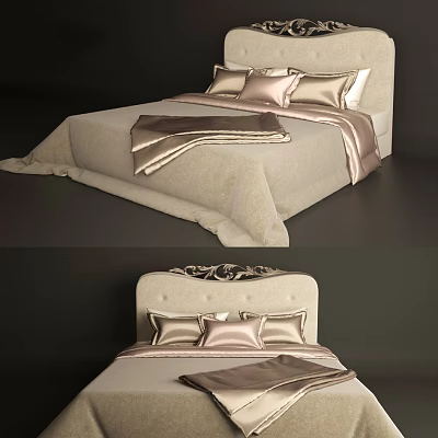 Modern Double Bed With Upholstered Headboard And Soft Pillows Bedspread Design 3d model