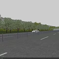 Well Paved Municipal Road Featuring Metal Guardrail Lush Street Trees And Passing Vehicle